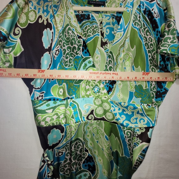 Banana Republic Silk Wrap Dress V-Neck Boho Floral Print Green Blue Womens  12 - Picture 10 of 16